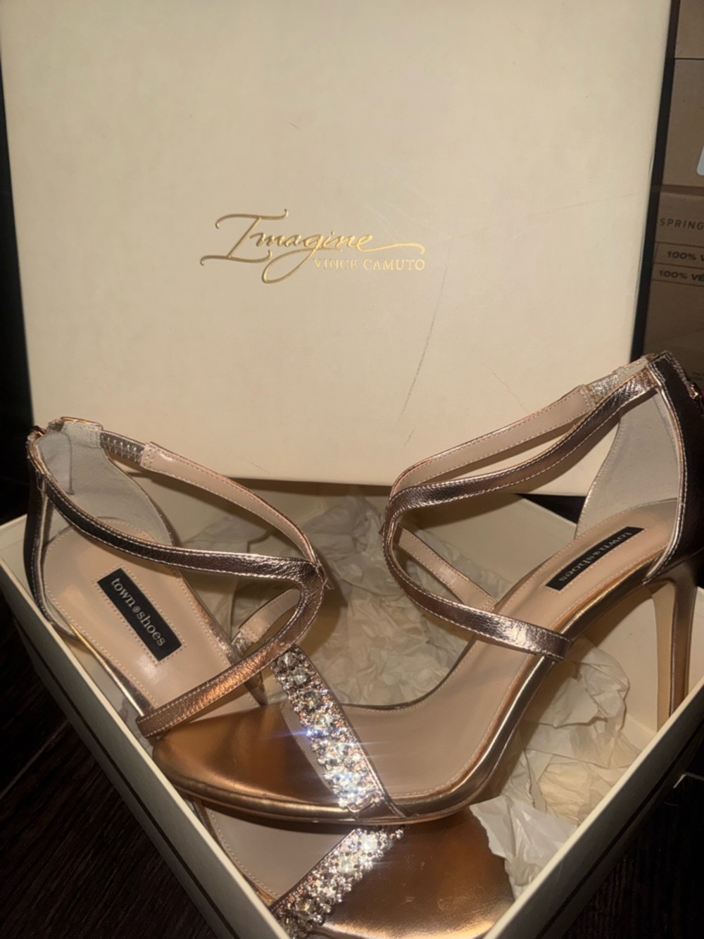 Vince Camuto Rose Gold Crystal Strap Ankle Heels